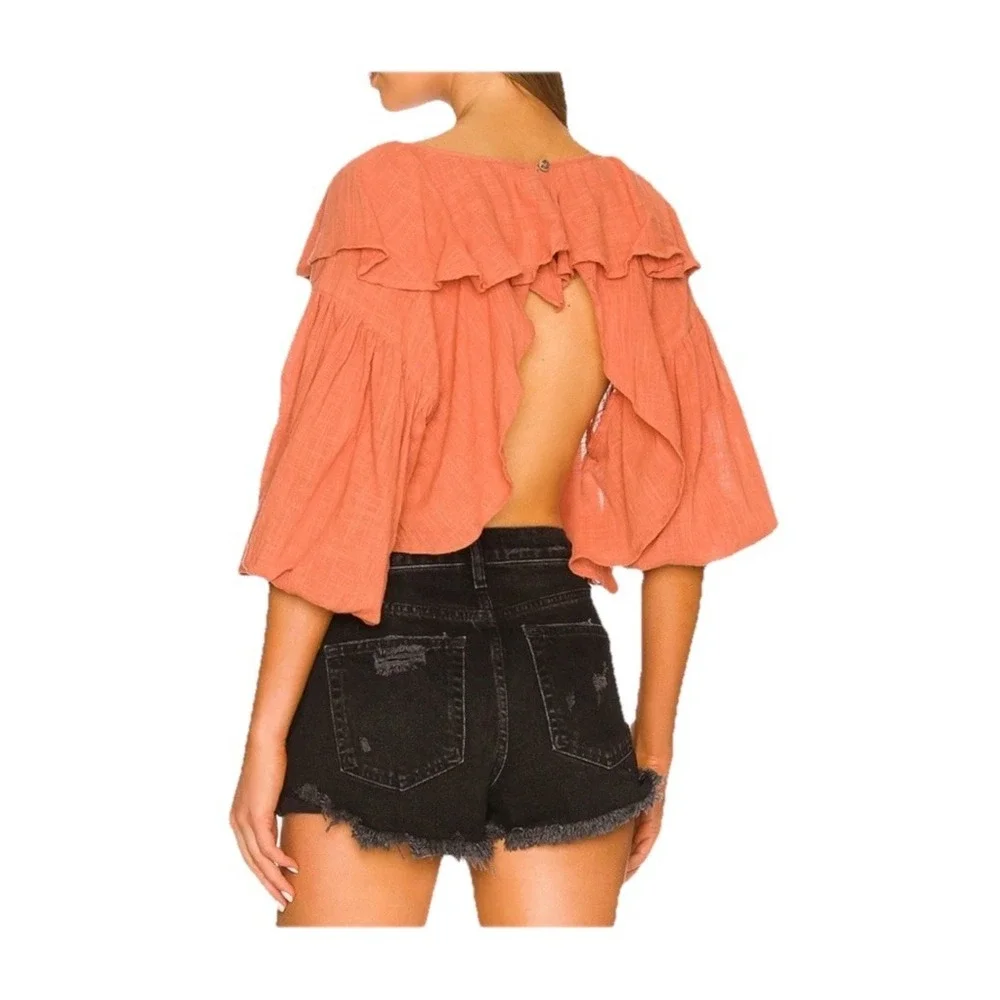 Free People Zuri Ruffle Cropped Backless Blouse Ginger Spice Womens S Boho‎ Top